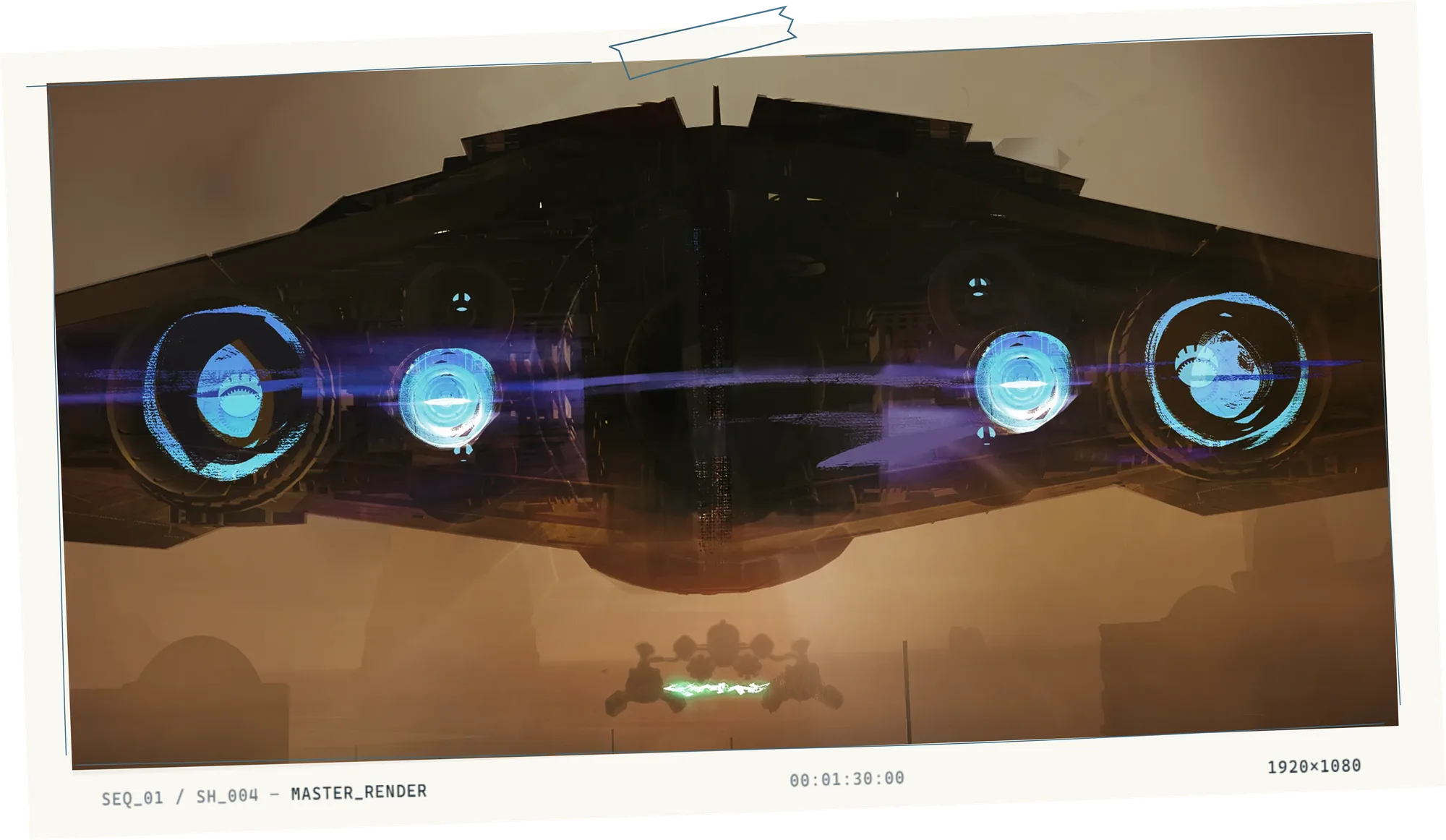 Master render of a hulking starship drifting over a dust-lit city, taped to the drafting table