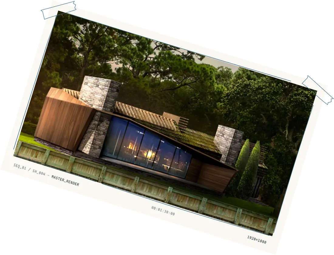 Master render of a timber and stone house glowing at dusk among trees